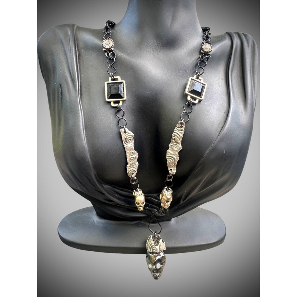 Mixed Media Crystal Skull Pendant VNTG Art-Deco Black Onyx & Silver Metalwork